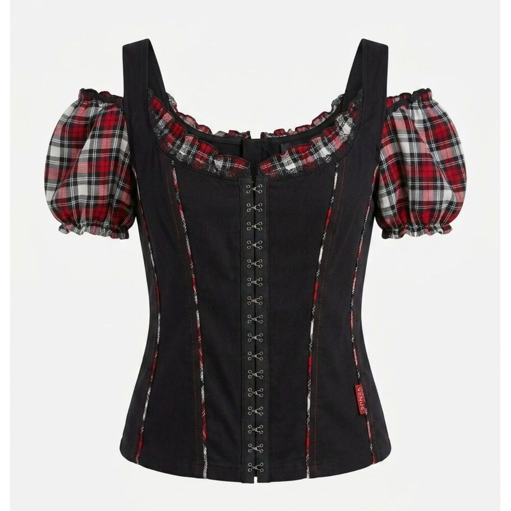 Tripp NYC Sz XL Red Plaid Corset Top Hook Eye Whimsigoth Y2K Mall Goth Milkmaid